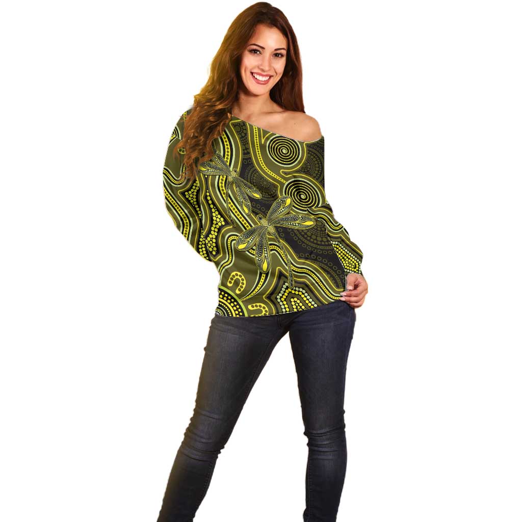 Yellow Indigenous Dragonfly Australia Off Shoulder Sweater Aboriginal Art - Aussie Hoodie