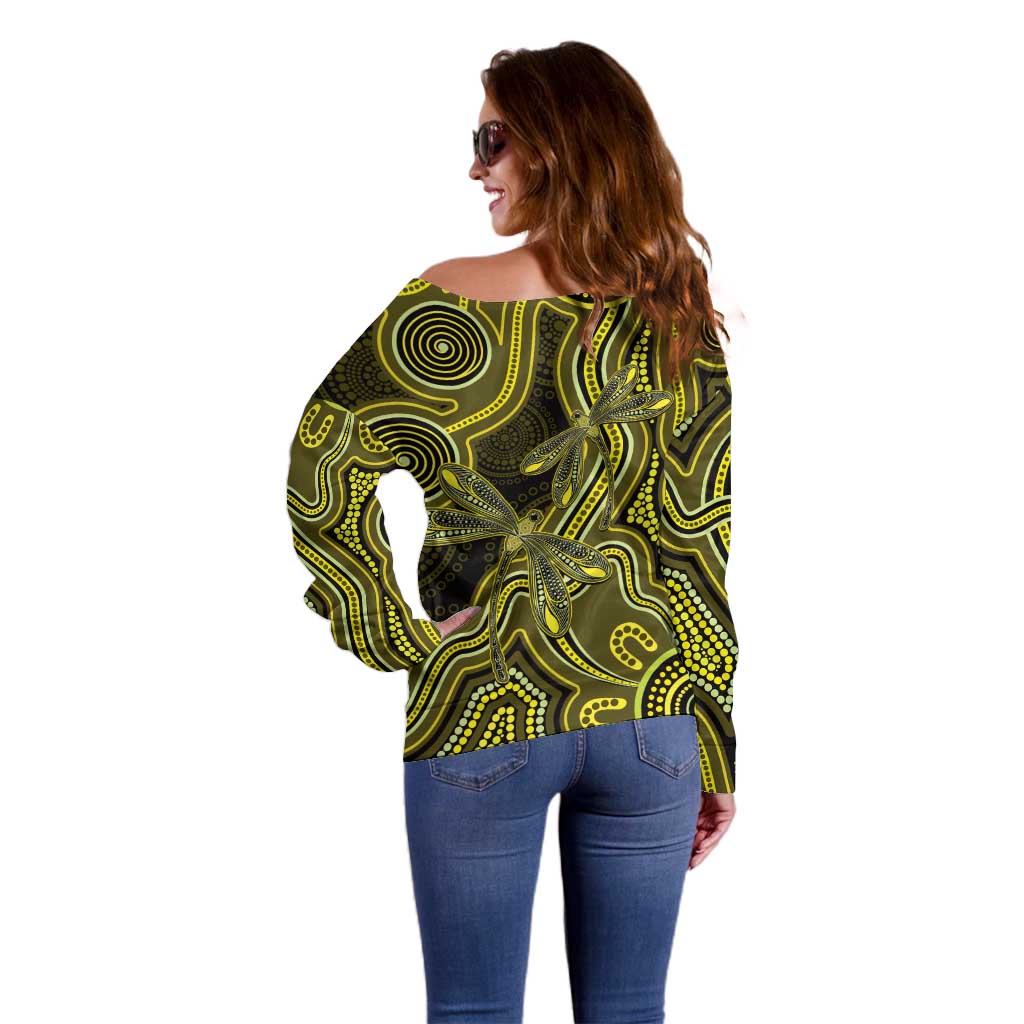 Yellow Indigenous Dragonfly Australia Off Shoulder Sweater Aboriginal Art - Aussie Hoodie