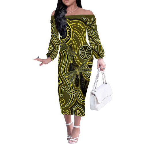 Yellow Indigenous Dragonfly Australia Off The Shoulder Long Sleeve Dress Aboriginal Art - Aussie Hoodie
