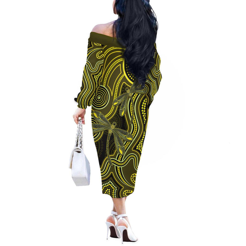 Yellow Indigenous Dragonfly Australia Off The Shoulder Long Sleeve Dress Aboriginal Art - Aussie Hoodie