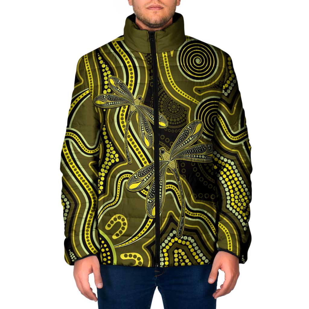 Yellow Indigenous Dragonfly Australia Padded Jacket Aboriginal Art - Aussie Hoodie