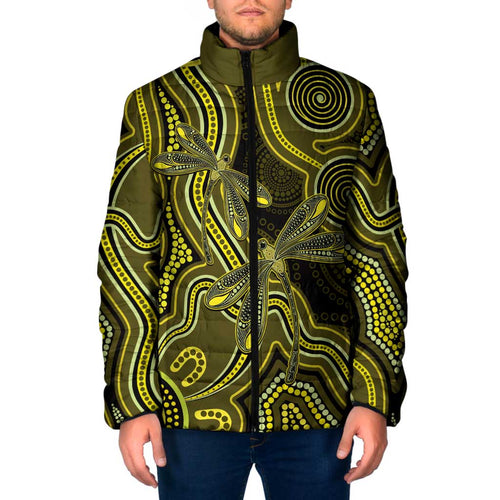 Yellow Indigenous Dragonfly Australia Padded Jacket Aboriginal Art - Aussie Hoodie