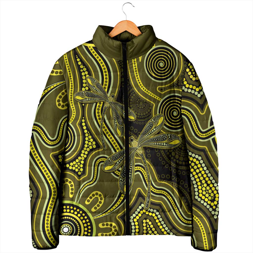 Yellow Indigenous Dragonfly Australia Padded Jacket Aboriginal Art - Aussie Hoodie