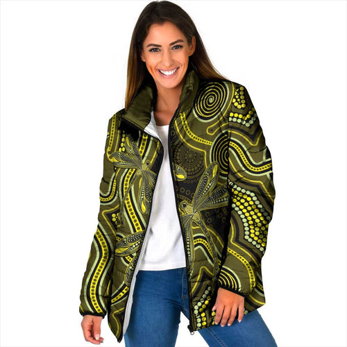Yellow Indigenous Dragonfly Australia Padded Jacket Aboriginal Art - Aussie Hoodie