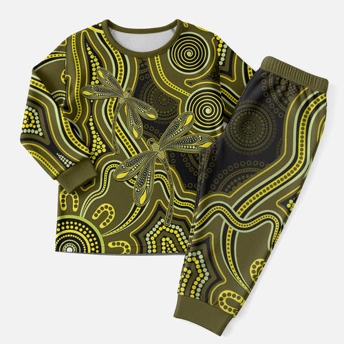 Yellow Indigenous Dragonfly Australia Christmas Pajama Set Aboriginal Art - Aussie Hoodie