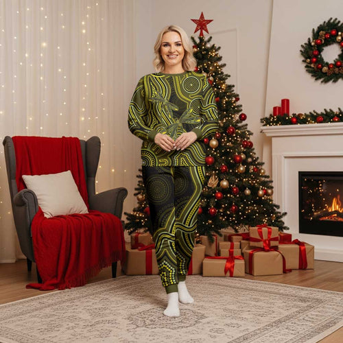 Yellow Indigenous Dragonfly Australia Christmas Pajama Set Aboriginal Art - Aussie Hoodie