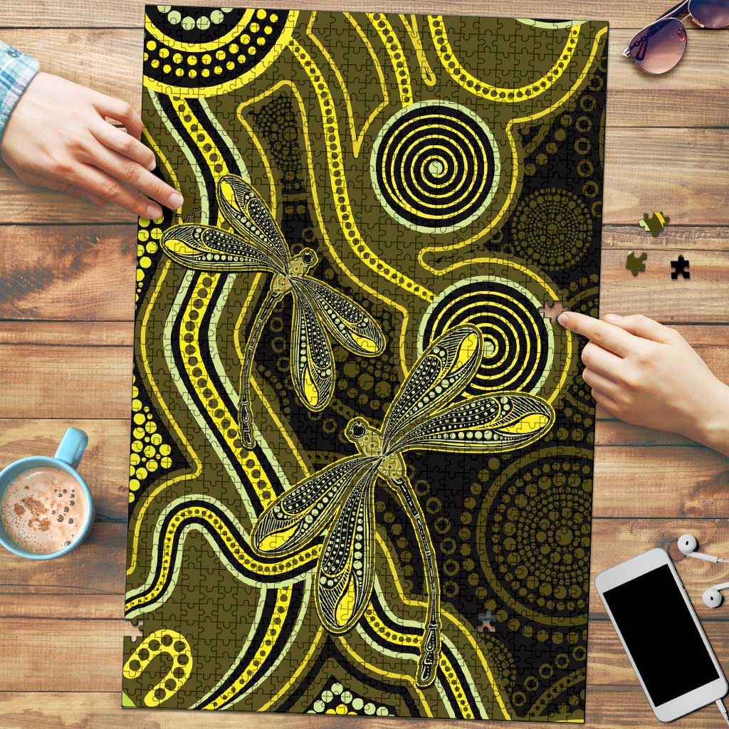 Yellow Indigenous Dragonfly Australia Puzzle Aboriginal Art - Aussie Hoodie