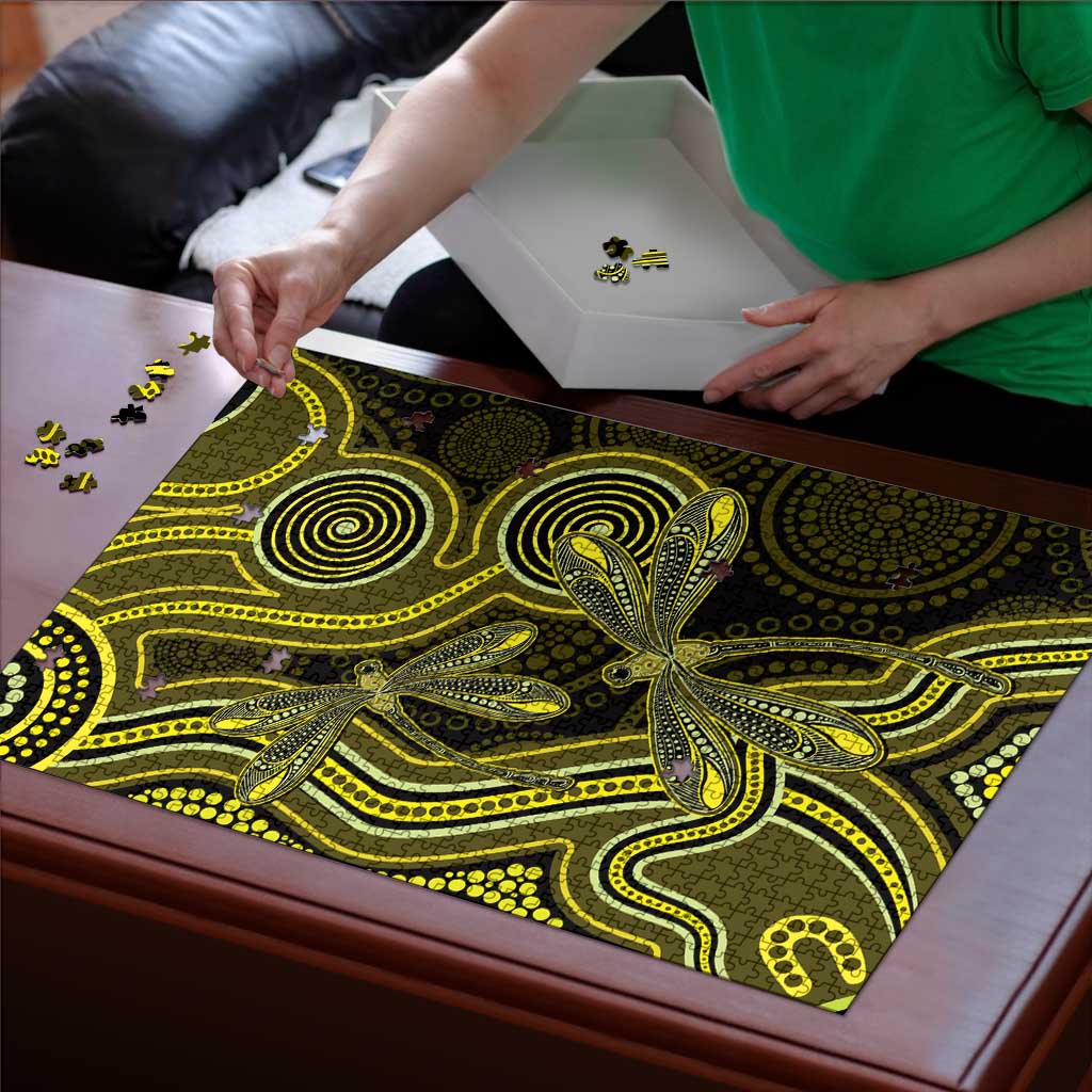 Yellow Indigenous Dragonfly Australia Puzzle Aboriginal Art - Aussie Hoodie
