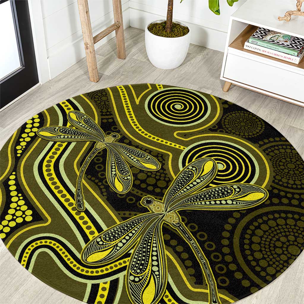 Yellow Indigenous Dragonfly Australia Round Carpet Aboriginal Art - Aussie Hoodie