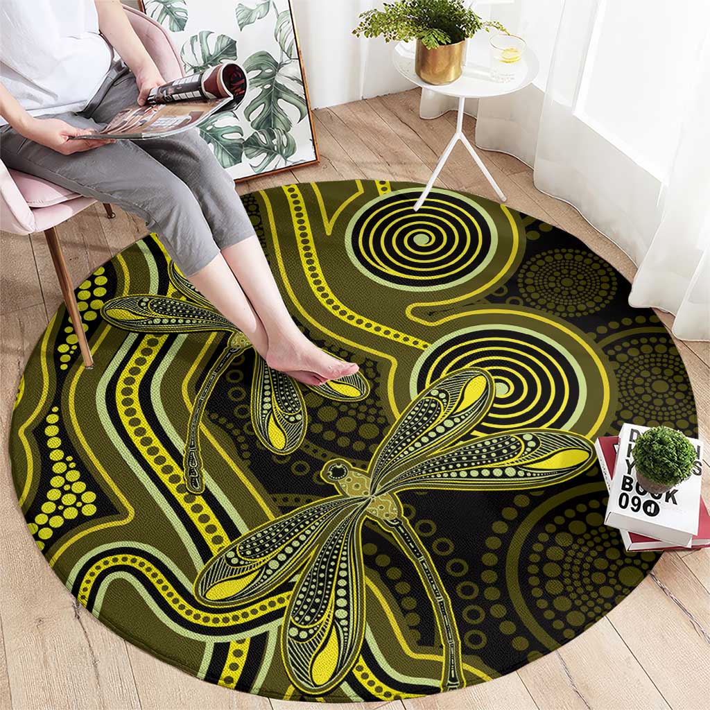 Yellow Indigenous Dragonfly Australia Round Carpet Aboriginal Art - Aussie Hoodie