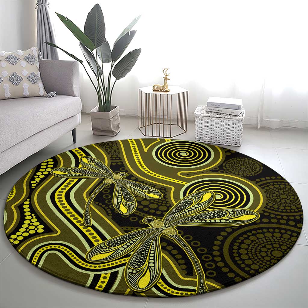 Yellow Indigenous Dragonfly Australia Round Carpet Aboriginal Art - Aussie Hoodie