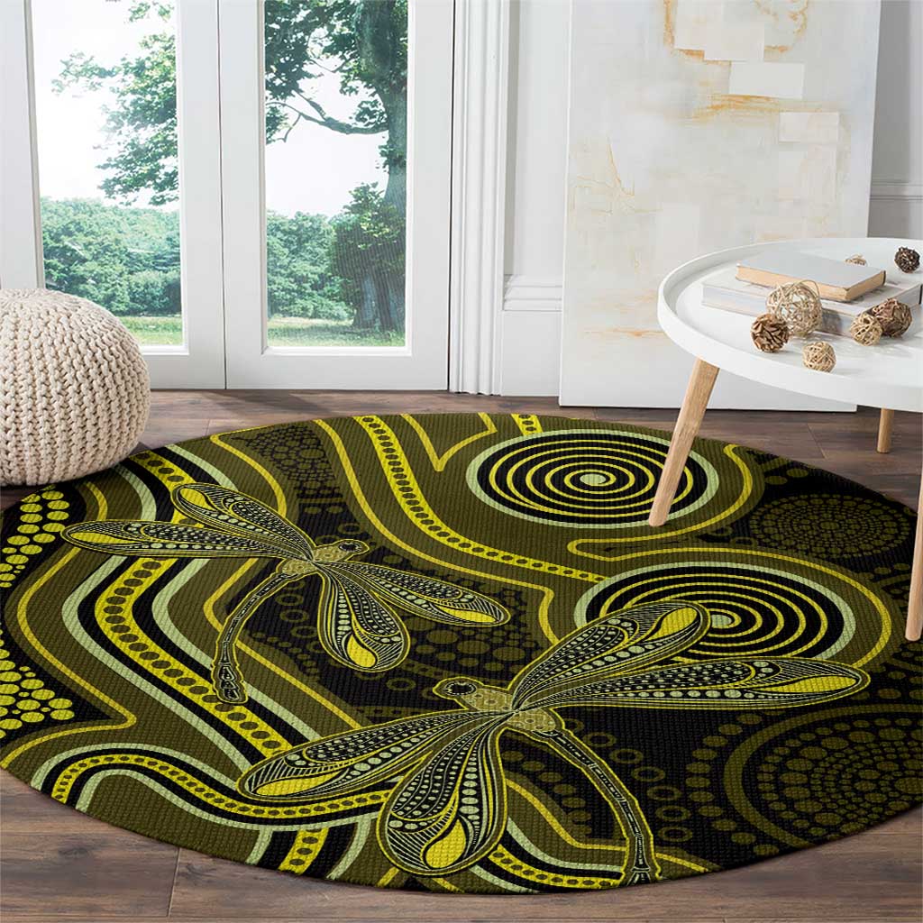 Yellow Indigenous Dragonfly Australia Round Carpet Aboriginal Art - Aussie Hoodie