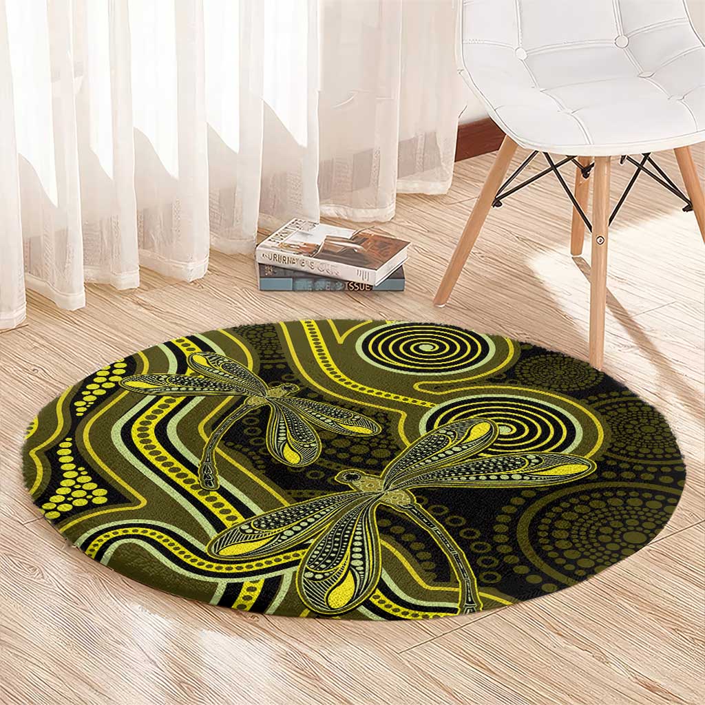 Yellow Indigenous Dragonfly Australia Round Carpet Aboriginal Art - Aussie Hoodie
