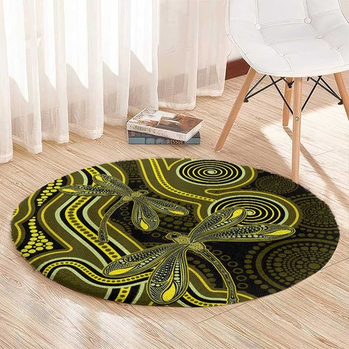 Yellow Indigenous Dragonfly Australia Round Carpet Aboriginal Art - Aussie Hoodie