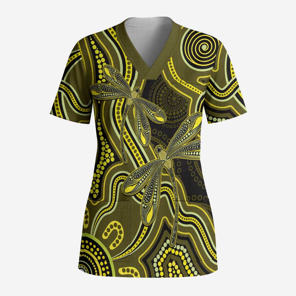 Yellow Indigenous Dragonfly Australia Scrub Top Aboriginal Art - Aussie Hoodie