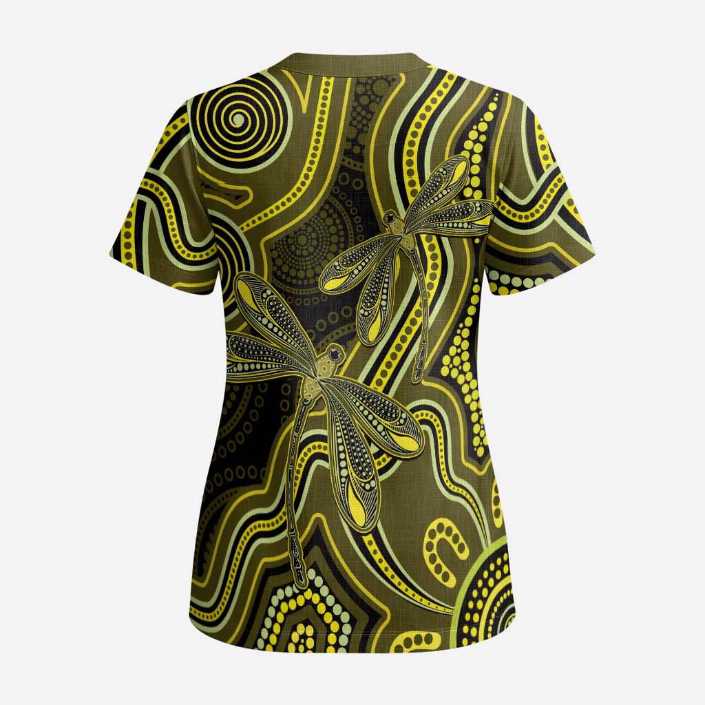 Yellow Indigenous Dragonfly Australia Scrub Top Aboriginal Art - Aussie Hoodie