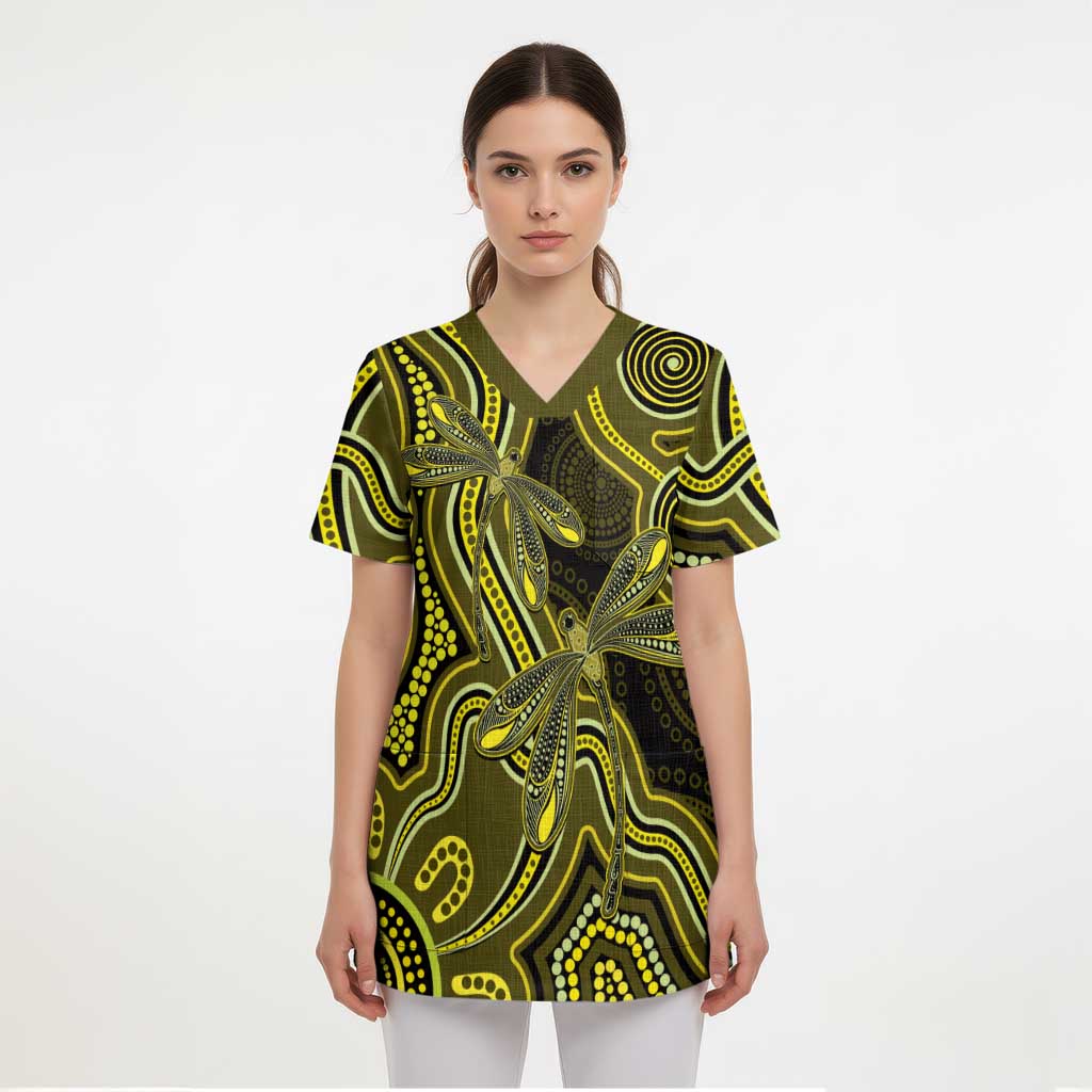 Yellow Indigenous Dragonfly Australia Scrub Top Aboriginal Art - Aussie Hoodie
