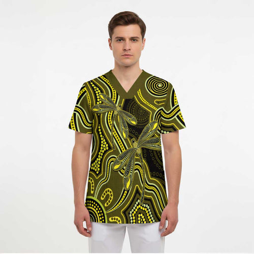 Yellow Indigenous Dragonfly Australia Scrub Top Aboriginal Art - Aussie Hoodie