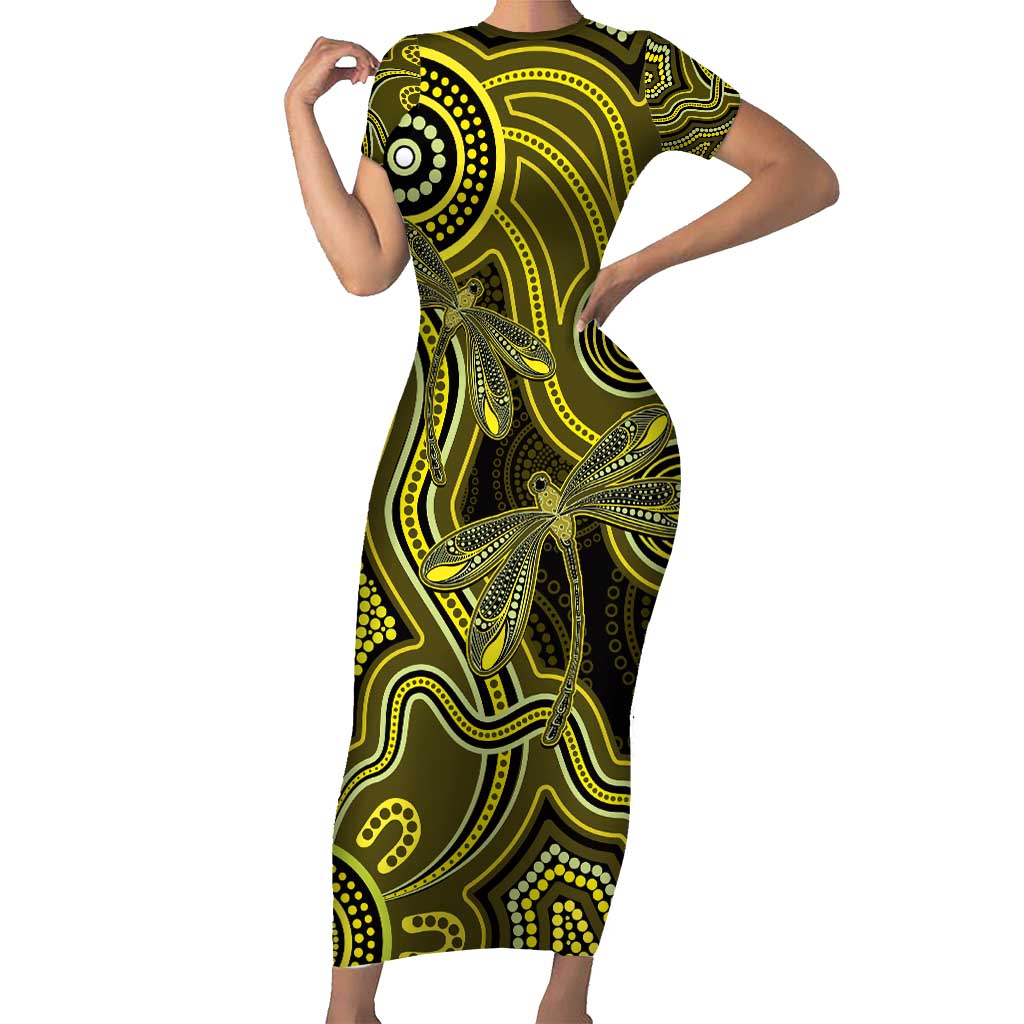 Yellow Indigenous Dragonfly Australia Short Sleeve Bodycon Dress Aboriginal Art - Aussie Hoodie