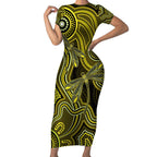 Yellow Indigenous Dragonfly Australia Short Sleeve Bodycon Dress Aboriginal Art - Aussie Hoodie
