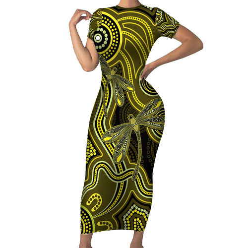 Yellow Indigenous Dragonfly Australia Short Sleeve Bodycon Dress Aboriginal Art - Aussie Hoodie