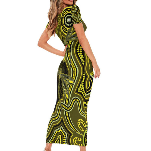 Yellow Indigenous Dragonfly Australia Short Sleeve Bodycon Dress Aboriginal Art - Aussie Hoodie