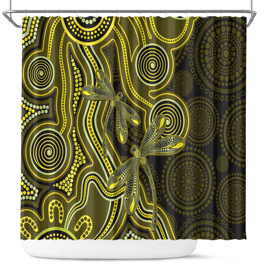 Yellow Indigenous Dragonfly Australia Shower Curtain Aboriginal Art - Aussie Hoodie