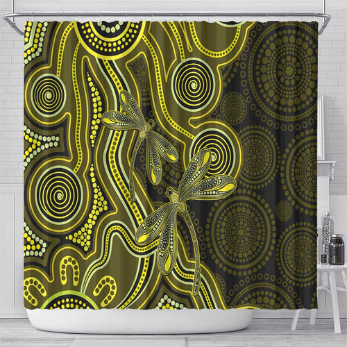 Yellow Indigenous Dragonfly Australia Shower Curtain Aboriginal Art - Aussie Hoodie