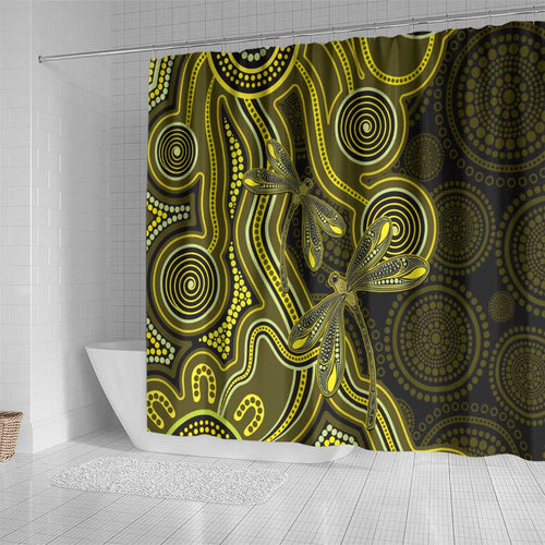 Yellow Indigenous Dragonfly Australia Shower Curtain Aboriginal Art - Aussie Hoodie