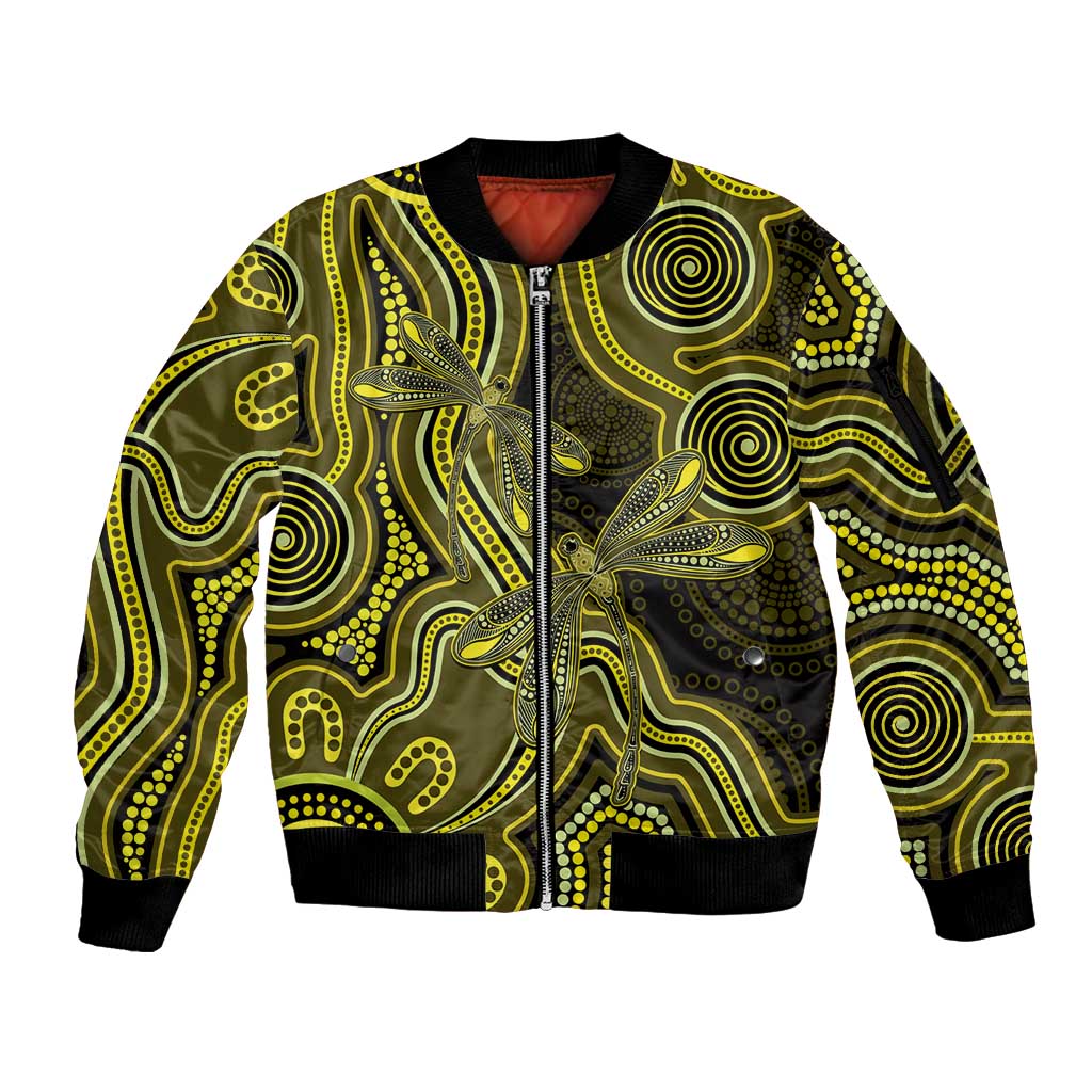Yellow Indigenous Dragonfly Australia Sleeve Zip Bomber Jacket Aboriginal Art - Aussie Hoodie