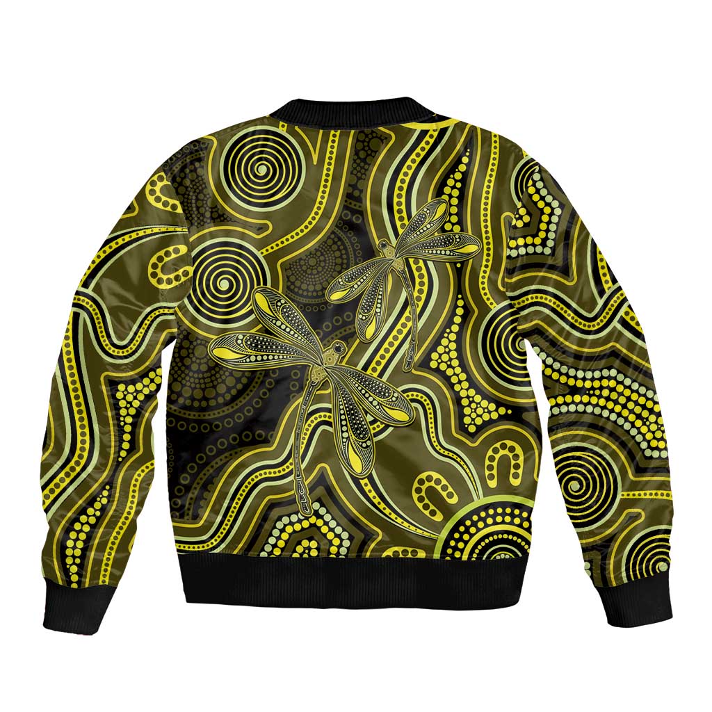 Yellow Indigenous Dragonfly Australia Sleeve Zip Bomber Jacket Aboriginal Art - Aussie Hoodie