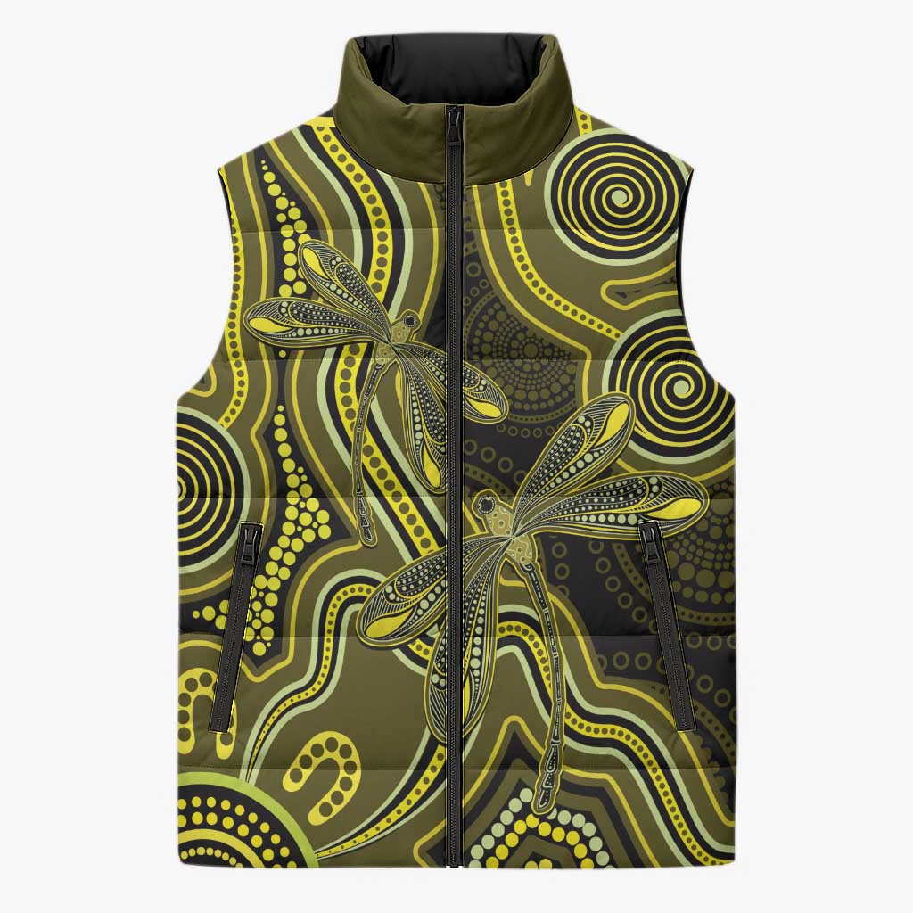 Yellow Indigenous Dragonfly Australia Sleeveless Puffer Jacket Aboriginal Art - Aussie Hoodie