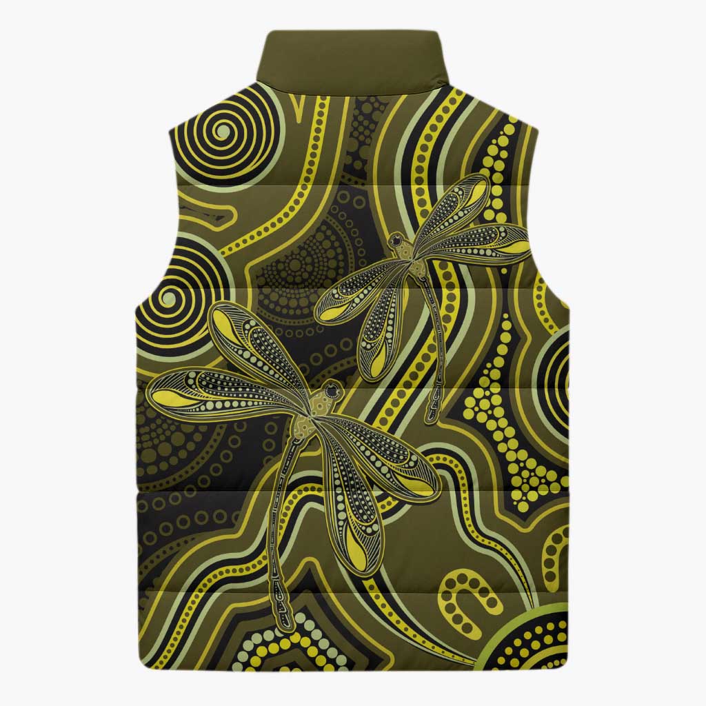 Yellow Indigenous Dragonfly Australia Sleeveless Puffer Jacket Aboriginal Art - Aussie Hoodie