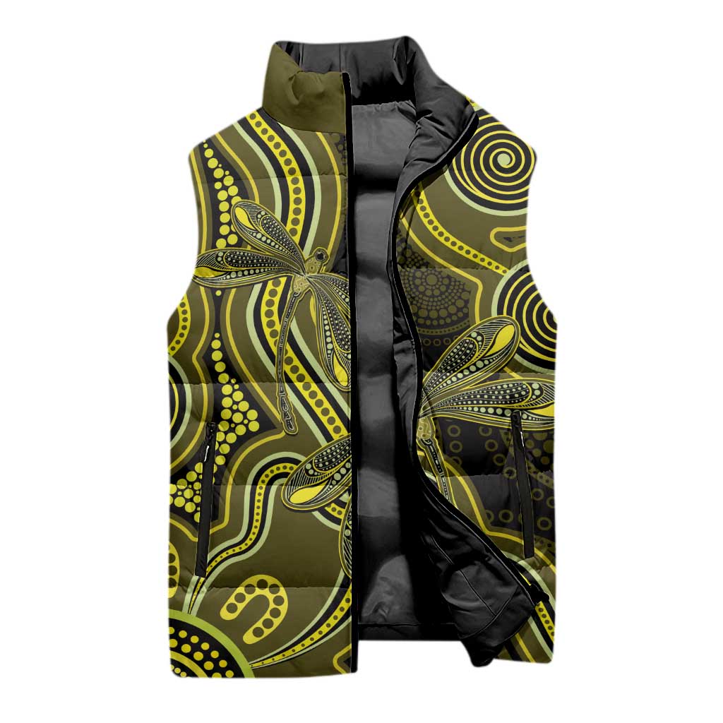 Yellow Indigenous Dragonfly Australia Sleeveless Puffer Jacket Aboriginal Art - Aussie Hoodie