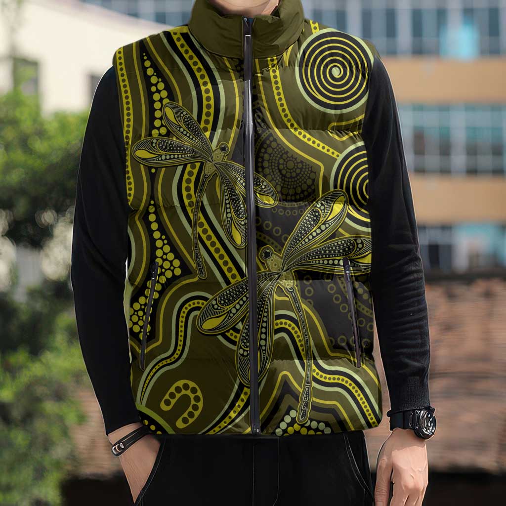 Yellow Indigenous Dragonfly Australia Sleeveless Puffer Jacket Aboriginal Art - Aussie Hoodie
