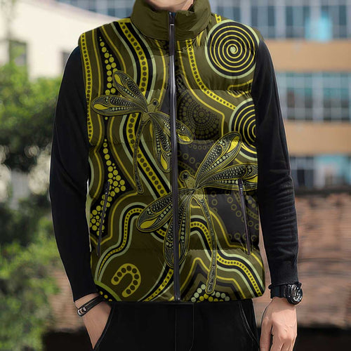 Yellow Indigenous Dragonfly Australia Sleeveless Puffer Jacket Aboriginal Art - Aussie Hoodie