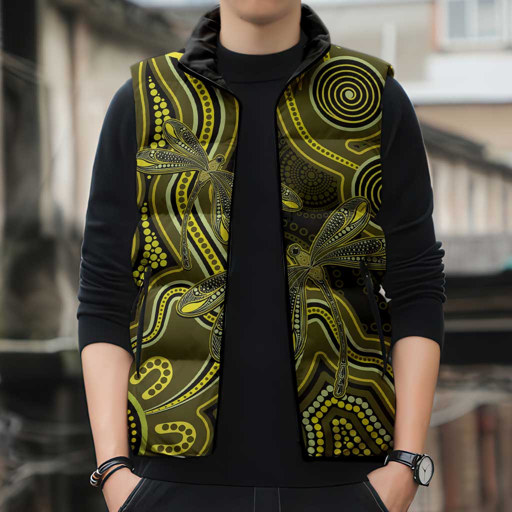 Yellow Indigenous Dragonfly Australia Sleeveless Puffer Jacket Aboriginal Art - Aussie Hoodie