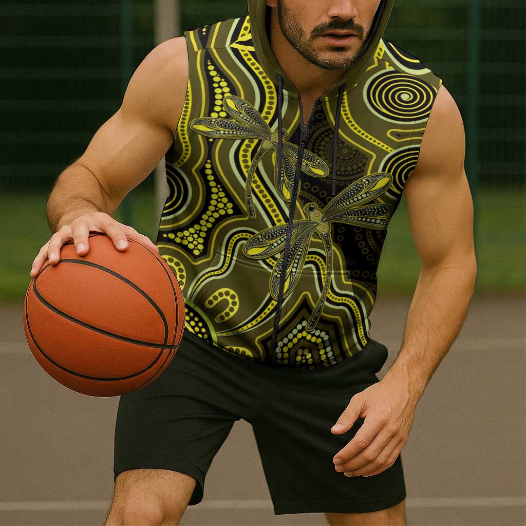 Yellow Indigenous Dragonfly Australia Sleeveless Zip Hoodie Aboriginal Art LT14