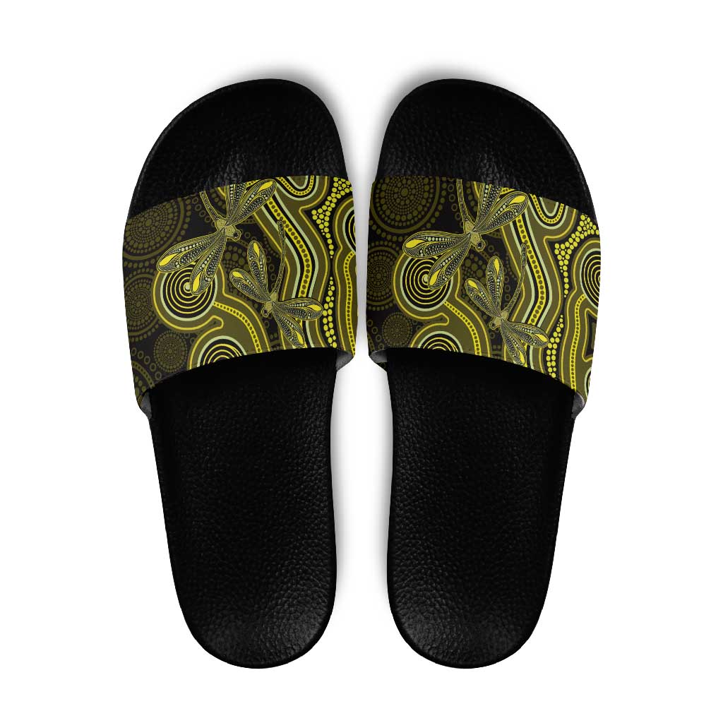Yellow Indigenous Dragonfly Australia Slide Sandals Aboriginal Art - Aussie Hoodie