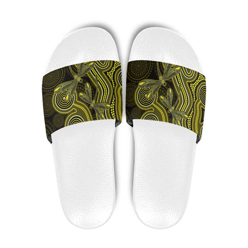 Yellow Indigenous Dragonfly Australia Slide Sandals Aboriginal Art - Aussie Hoodie