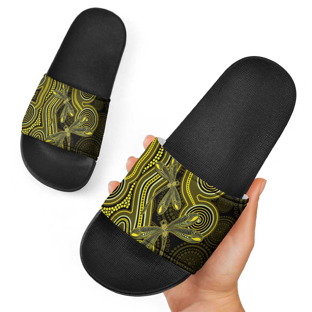 Yellow Indigenous Dragonfly Australia Slide Sandals Aboriginal Art - Aussie Hoodie