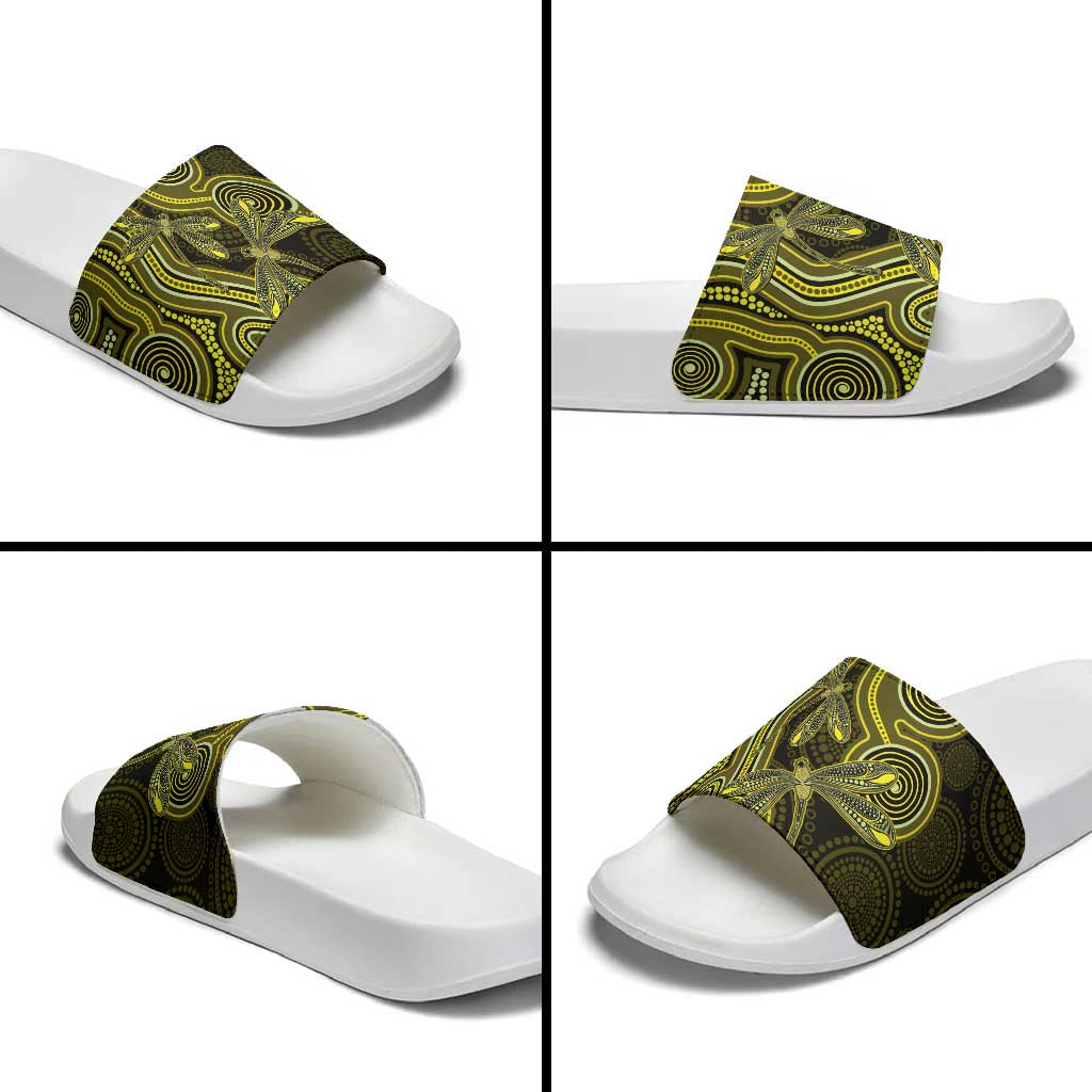 Yellow Indigenous Dragonfly Australia Slide Sandals Aboriginal Art - Aussie Hoodie