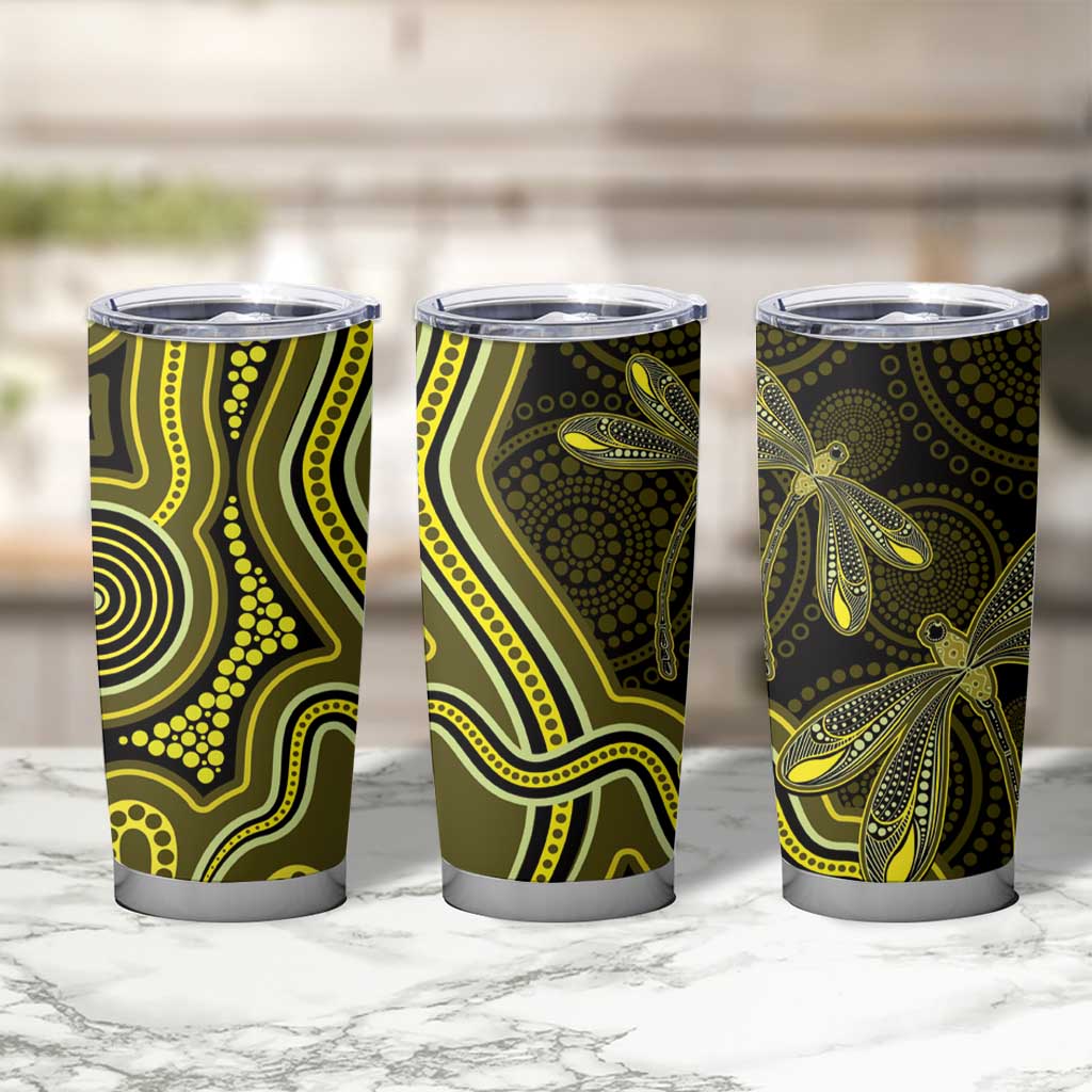 Yellow Indigenous Dragonfly Australia Tumbler Cup Aboriginal Art - Aussie Hoodie