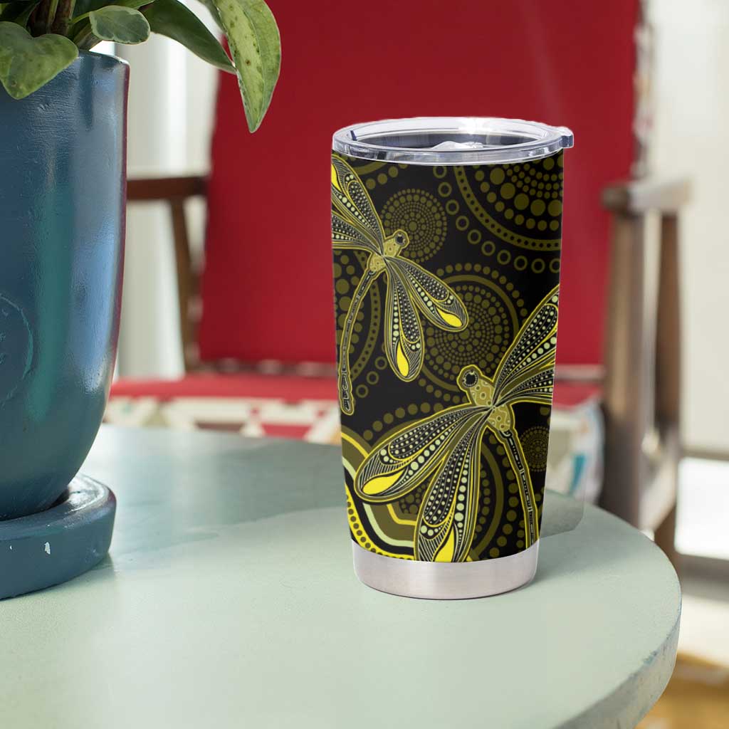 Yellow Indigenous Dragonfly Australia Tumbler Cup Aboriginal Art - Aussie Hoodie