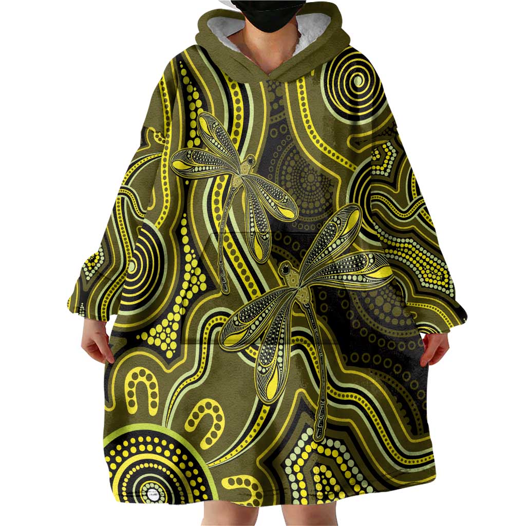 Yellow Indigenous Dragonfly Australia Wearable Blanket Hoodie Aboriginal Art - Aussie Hoodie