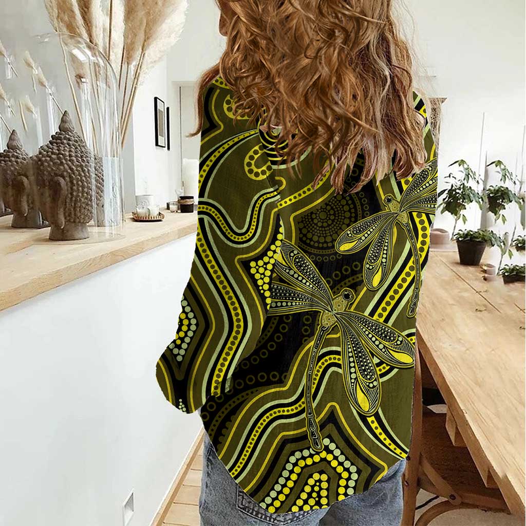 Yellow Indigenous Dragonfly Australia Women Casual Shirt Aboriginal Art - Aussie Hoodie