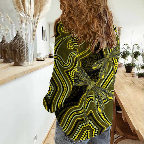 Yellow Indigenous Dragonfly Australia Women Casual Shirt Aboriginal Art - Aussie Hoodie