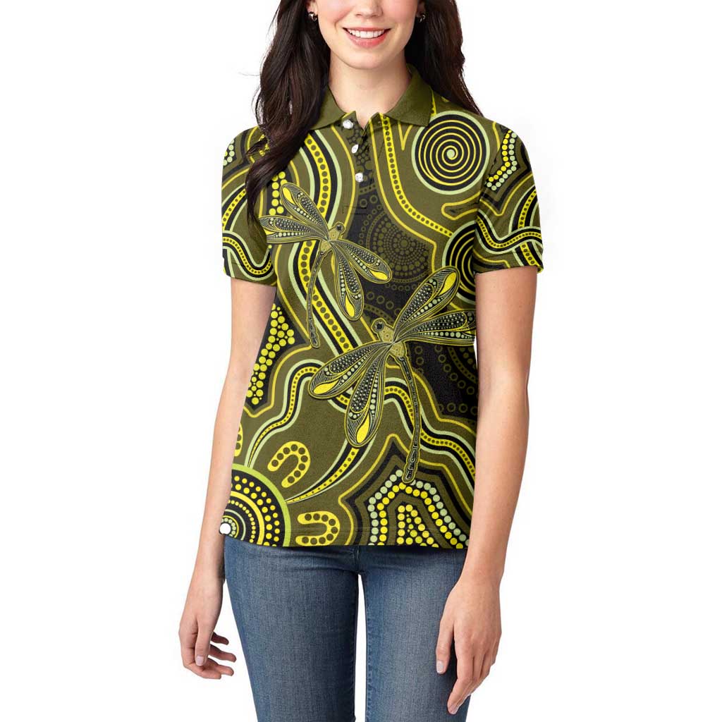 Yellow Indigenous Dragonfly Australia Women Polo Shirt Aboriginal Art - Aussie Hoodie
