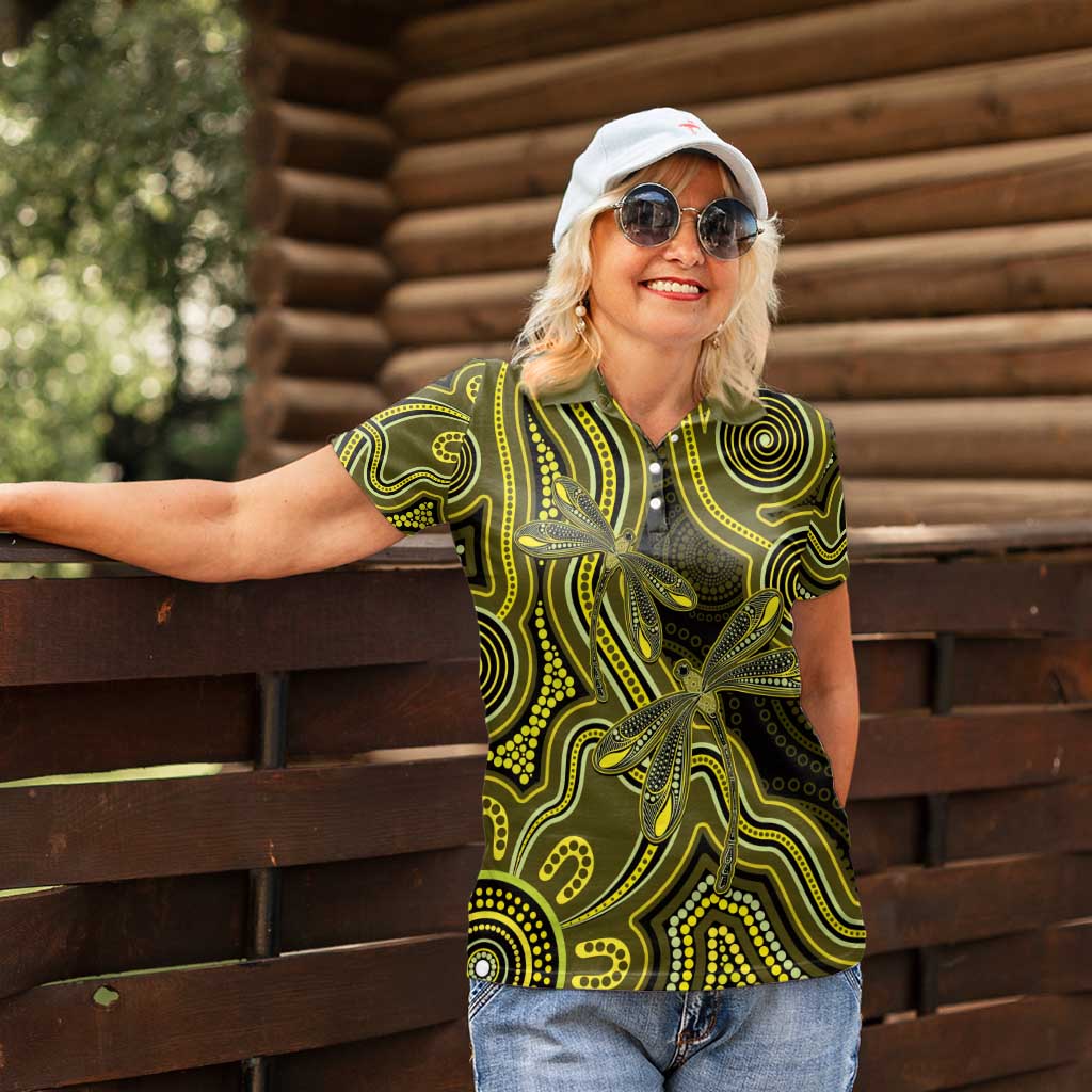 Yellow Indigenous Dragonfly Australia Women Polo Shirt Aboriginal Art - Aussie Hoodie