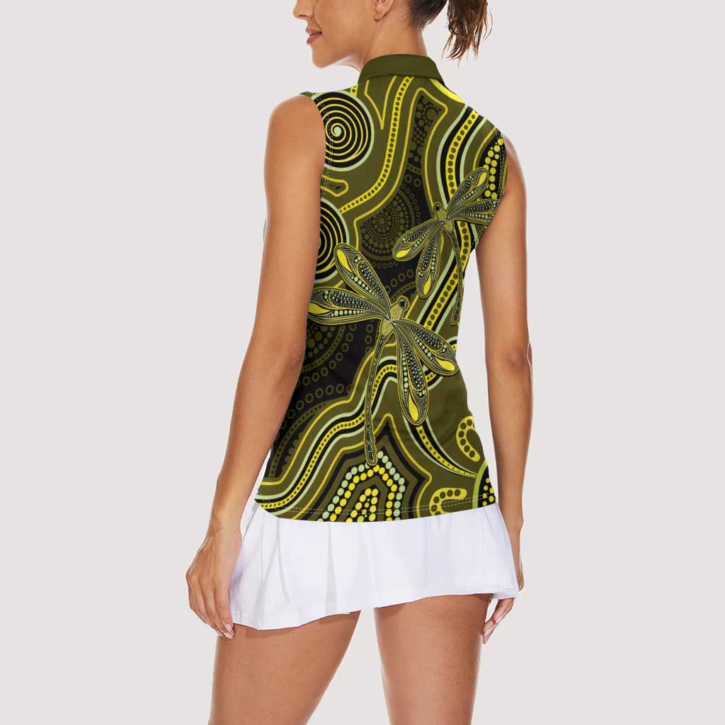 Yellow Indigenous Dragonfly Australia Women Sleeveless Polo Shirt Aboriginal Art - Aussie Hoodie